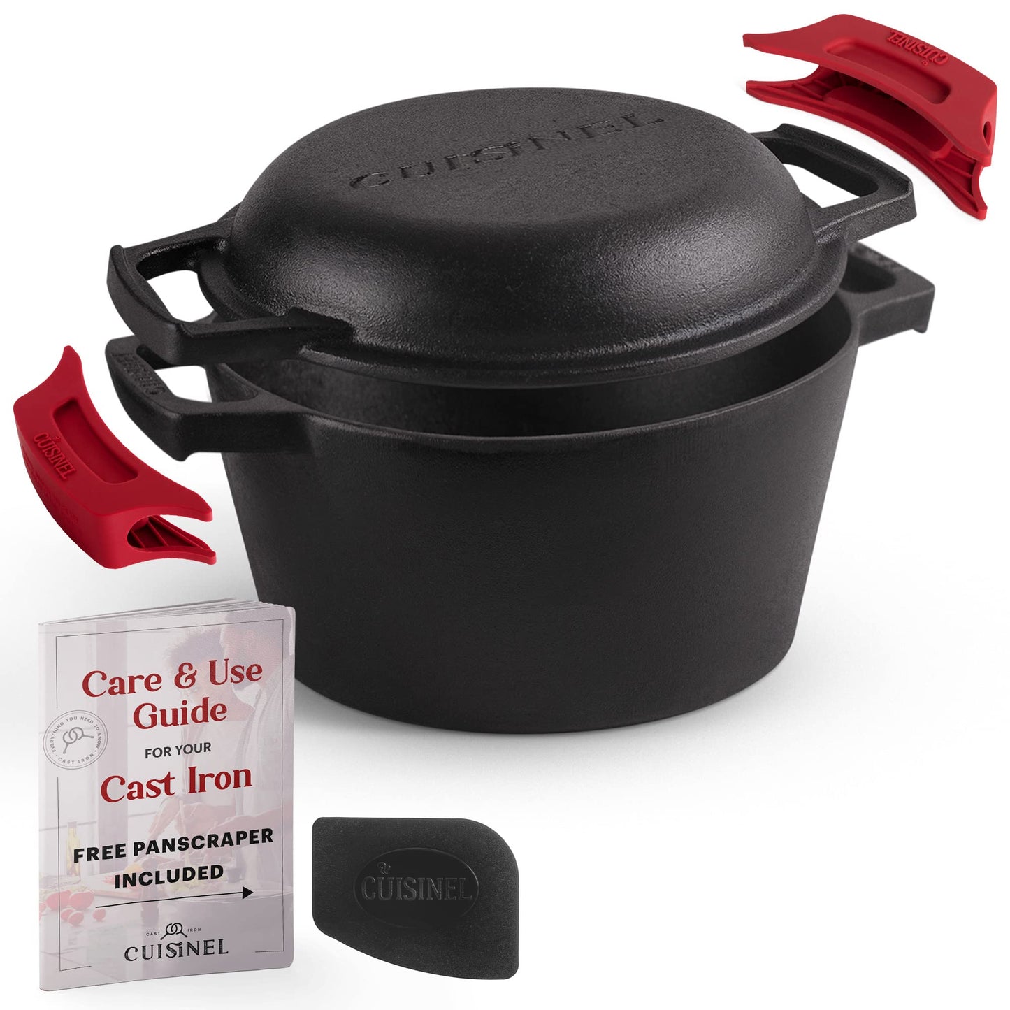 Cuisinel Cast Iron Dutch Oven - 7-Quart Deep Pot + Lid + Pan Scraper + Handle Covers - Large Pre-Seasoned Cooker for Baking Bread, Soup, Frying - Indoor/Outdoor Kitchen, Camping, Fire, BBQ Safe