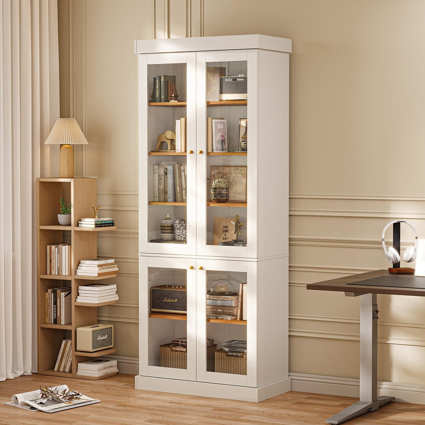 ivaniti 70.8" Tall Bookshelf with Doors, Farmhouse Modular Bookcase with 4-Tier Adjustable Shelves, Large Storage Cabinet for Home Office, Living Room, Brown, Set of 2
