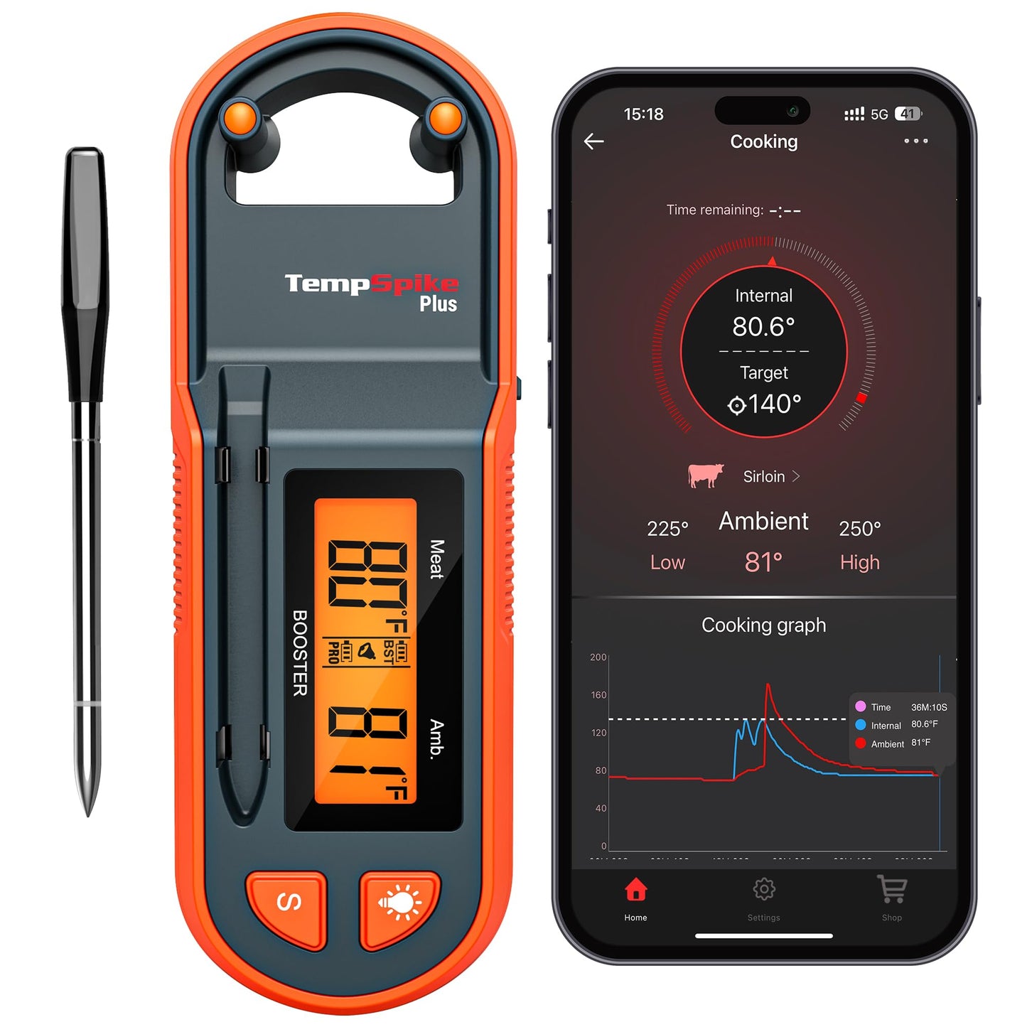 TempPro TempSpike 600ft Wireless Meat Thermometer with 2 Color-Coded Probes