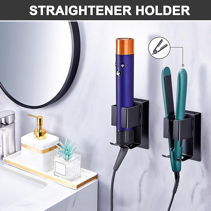 Hair Straightener Holder Wall Mounted Blow Dryer Holder, Blow Dryer and Curling Iron Holder, Hair Dryer and Straightener Holder, Bathroom Hair Tools Organizer and Storage (Black, 1Pc)