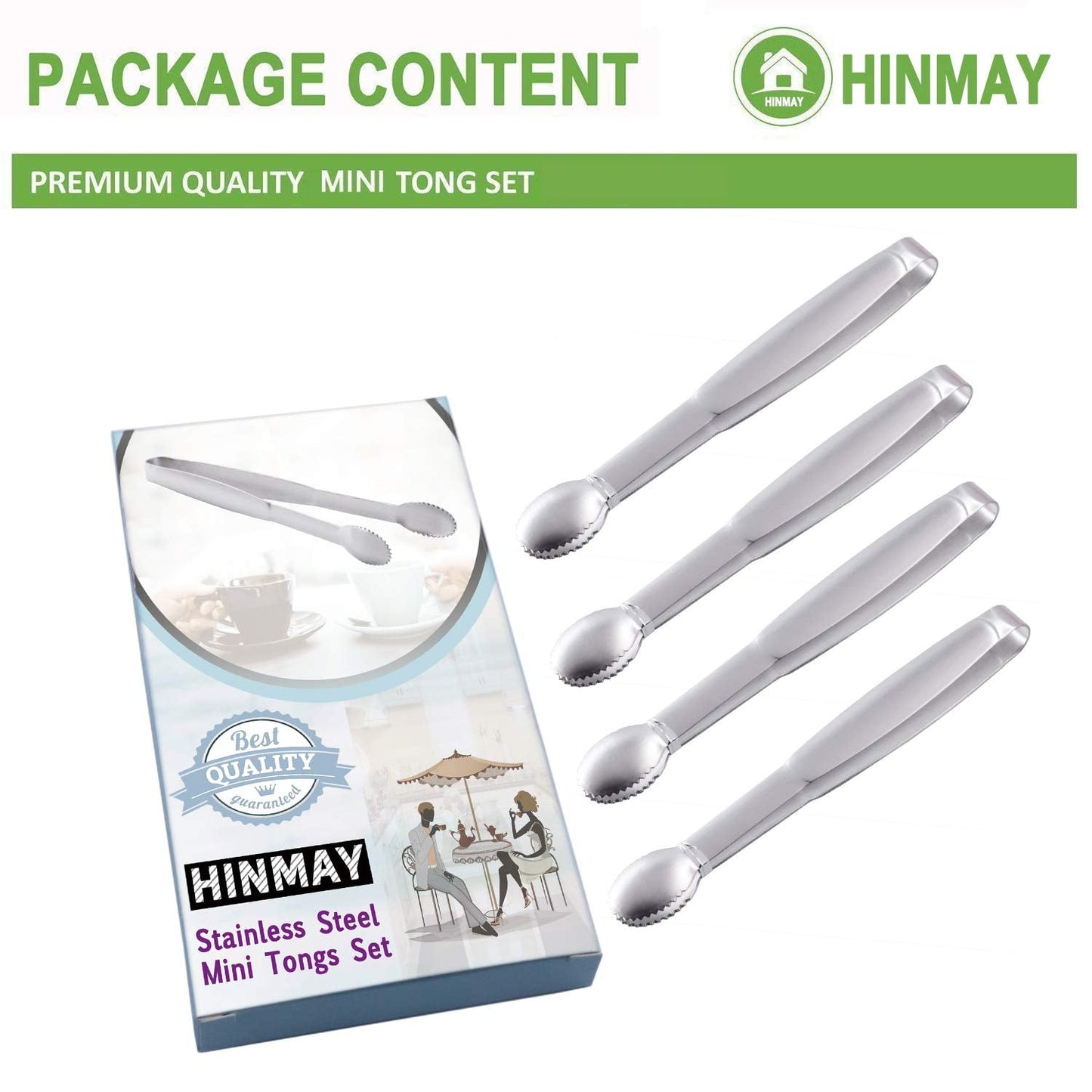 HINMAY Mini Tongs 5-3/4 Inch Stainless Steel Small Serving Tongs, Set of 4