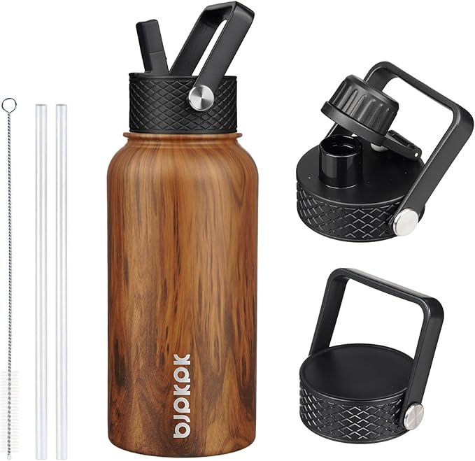BJPKPK Insulated Water Bottles with Straw Lid, 27oz Stainless Steel Water Bottle with 3 Lids, Leak Proof BPA Free Metal Thermo, Mugs, Tumblers, Keep Cold Hot - Teakwood