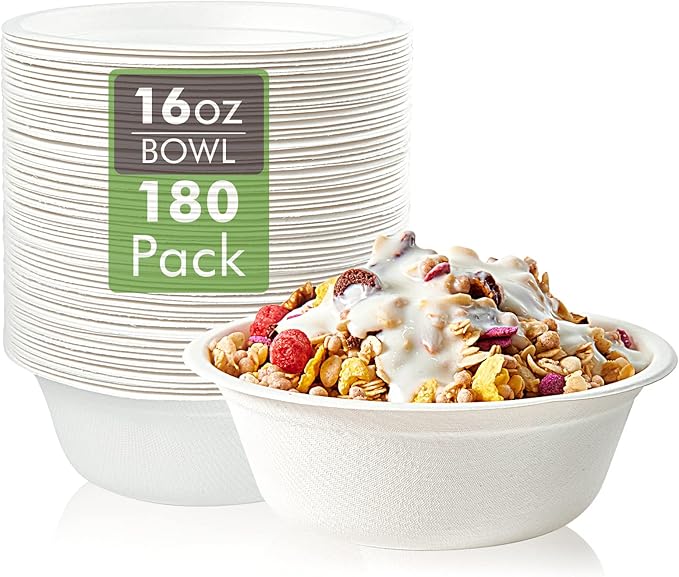 Vplus 180 Pack 16 OZ Compostable Paper Bowls, Bagasse Bowls，White