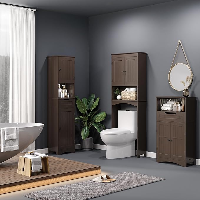 Bealife Over The Toilet Storage Cabinet with Open Shelf, Over Toilet Bathroom Organizer with Adjustable Shelf and Double Doors, Over The Toilet Storage Shelf Free Standing for Bathroom - Espresso