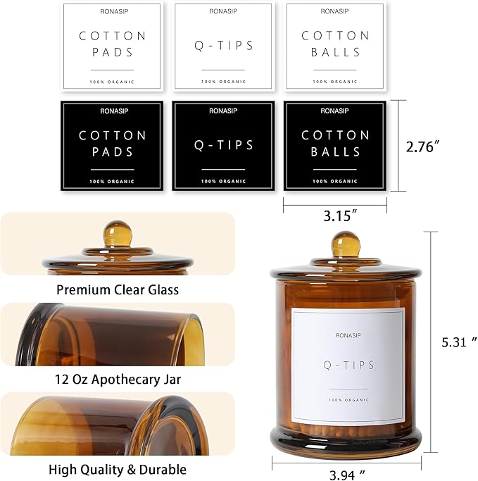 Qtip Holder & Cotton Pad Dispenser, Bathroom Organizer and Storage Canisters, 16oz Glass Apothecary Jars for Kitchen, Restroom - Home Decor Accessories, Room Decor Aesthetic (2 Pack, Amber)