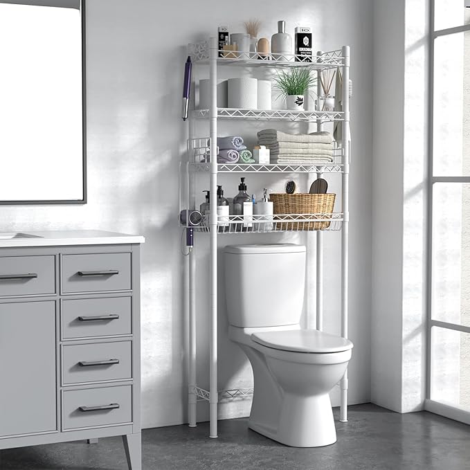 Over The Toilet Storage, Adjustable Bathroom Organizer Shelves Space Saver Over Toilet, Sturdy 4 Tier Above Toilet Storage Rack, Freestanding Over-The-Toilet Storage Shelf, White