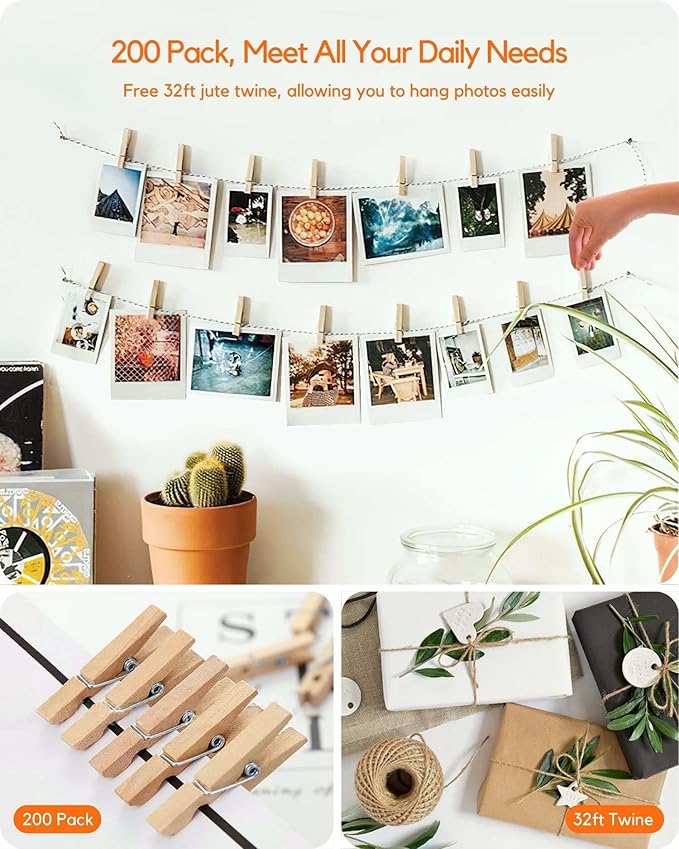 Mini Clothes Pins for Photo, Natural Small Wooden Clothespins 1 Inch Tiny Wood Decorative Clips Bulk, 33FT Jute Twine and Clothespins for Crafts Photos Pictures Baby Shower Game Classroom, 200 PCS