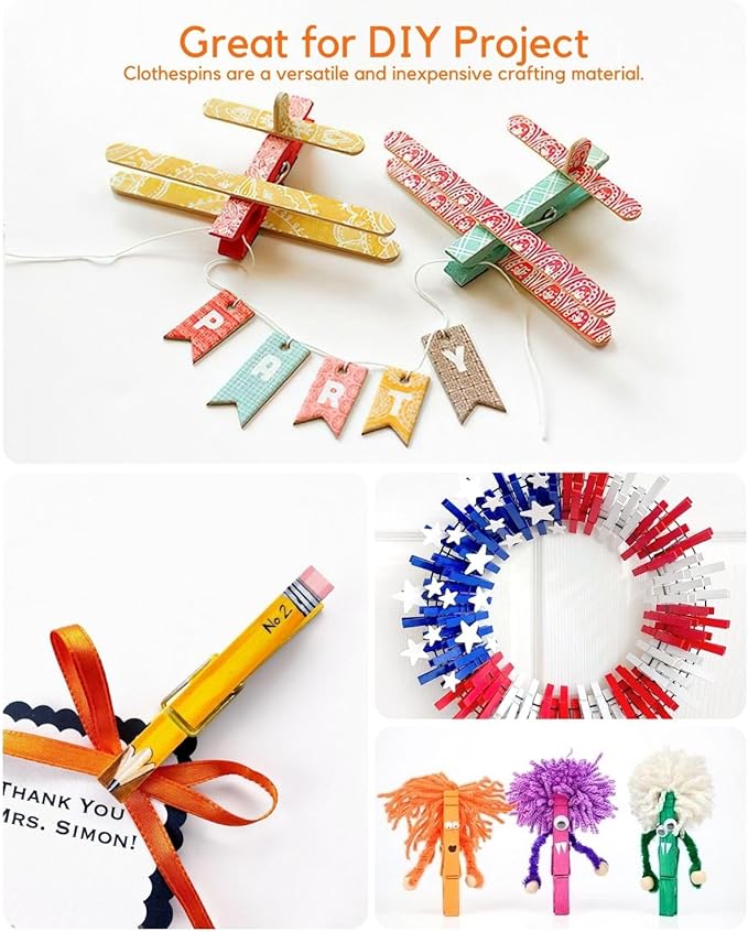 Colored Clothespins, Colorful Clothes Pins Wooden Clips Rainbow Colors 50 Pack Decorative Crafts Pegs Photos Pictures Decoration Clip Clothing Hanging Closepins, 2.9 Inch