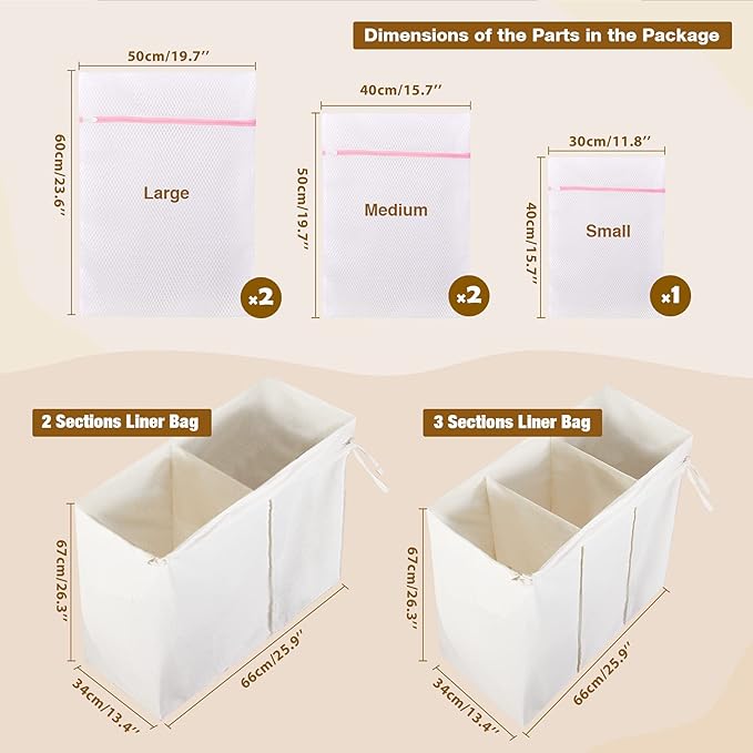 Greenstell Laundry Hamper with Lid, 125L Large Clothes Hamper with 3 Section & 2 Section Removable Liner Bags & 5 Mesh Laundry Bags, Handwoven Synthetic Rattan Divided Laundry Basket, White