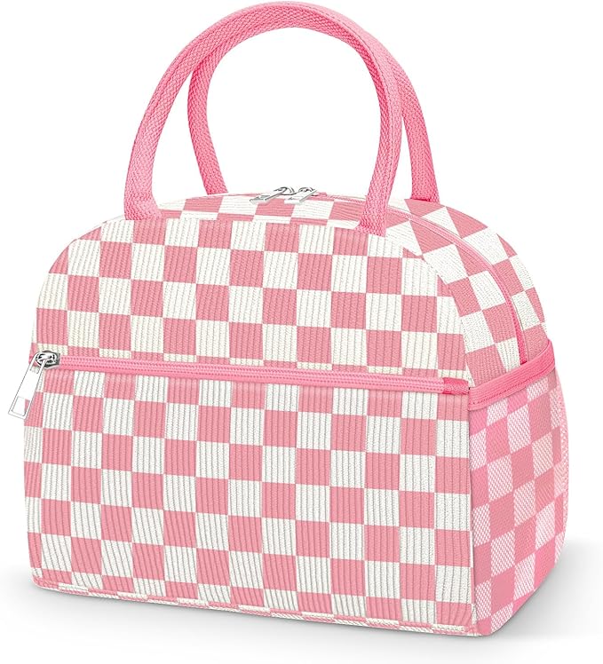 Coobiiya Corduroy Lunch Bag Lunch Box for Women Men, Cute Corduroy Lunch Tote Bags Insulated Reusable LunchBox Large Capacity Cooler Bag for Work Travel Picnic Pink