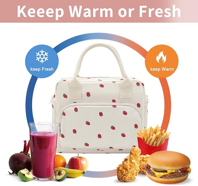 Lunch Bag Women Lunch Box for Women Adult Cute Insulated Lunch Bag Lager Cooler Lunch Tote Bags for Work Picnic (Light Yellow-Strawberry)