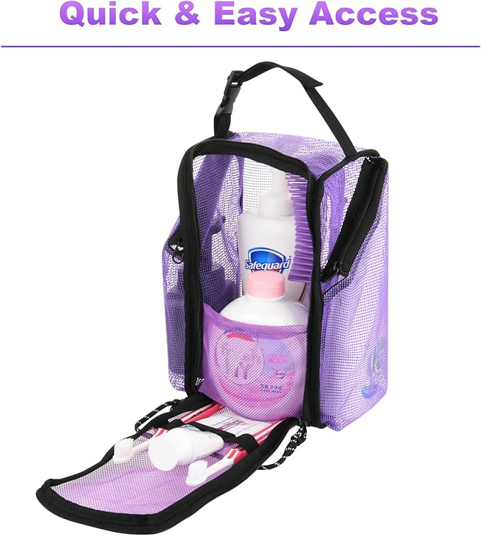 Cosmos Mesh Shower Caddy Toiletry Organizer Hanging Shower Tote Bag, Quick Dry Shower Organizer Portable Bath Bag with Durable Zippers & Side Pockets for Travel Gym Swimming Beach & Camp (Purple)