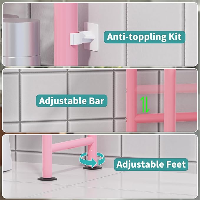 3-Tier Over The Toilet Storage with Paper Holder, Metal Bathroom Organizers and Storage for Small Space, Freestanding Bathroom Shelves with 4 Hooks, Above The Toilet Storage Shelf (Pink)
