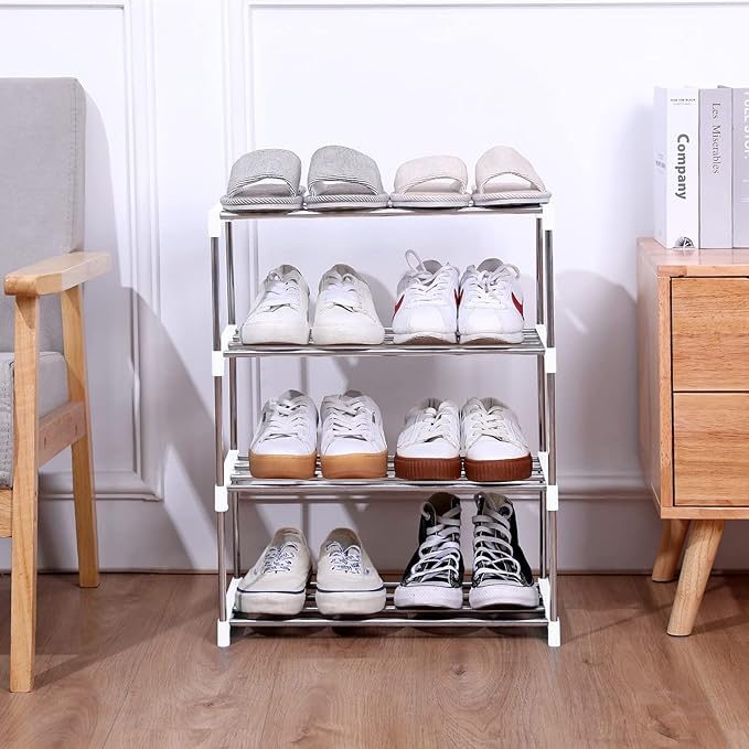 Stackable Small Shoe Rack, Entryway, Hallway and Closet Space Saving Storage and Organization (3-Tier, White)