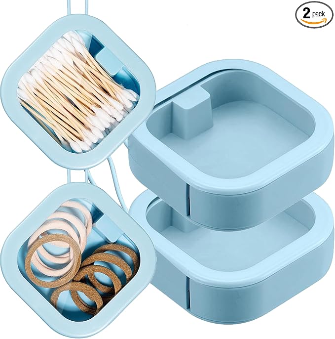 2pcs Hair Tie Organizer,Portable Travel Qtip Holder,Bathroom Storage Organizer Qtip Dispenser Cotton Swabs Dispenser Kids Hair Accessory Box with Lid for Bathroom,Desktop Organizer(2PCS,Blue)