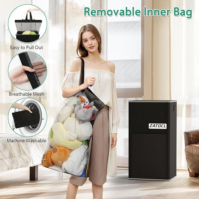 110L Laundry Hamper with Lid with Washing Bag & Front Mesh Bag, Large & Tall Laundry Basket, Collapsible Dirty Clothes Hampers for Bedroom Aesthetic, Bathroom, Dorm, Laundry Room - Easy Carry, Black