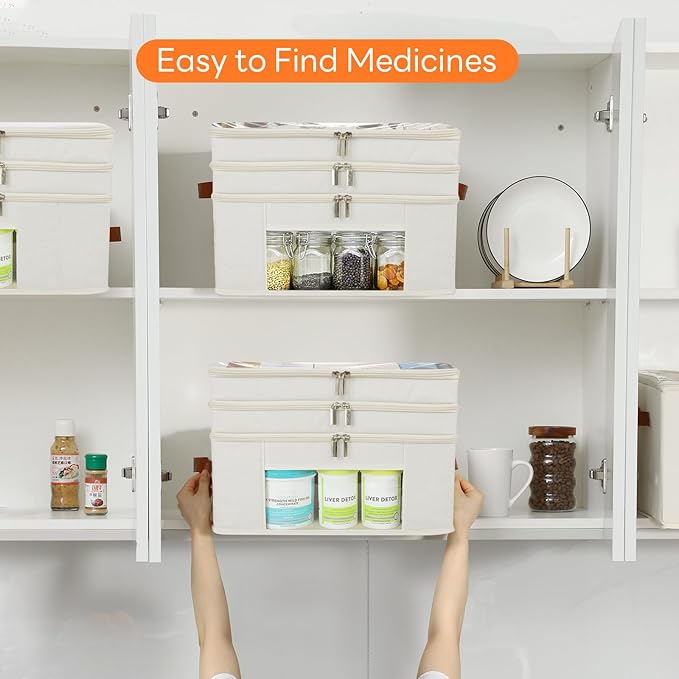 3-Tier Medicine Organizer for Cabinet, Foldable Medicine Storage Box with Clear Cover and Leather Handle, Empty First Aid Kit for Home and Travel