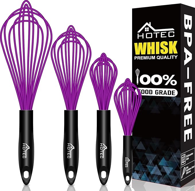 HOTEC 4 Pieces Silicone Whisks Set, Wire Balloon Whisks for cooking Egg Beater, Non-slip Handle Whisk for Non-stick Cookware Perfect for Cooking, Stirring, Beating and Blending,Multicolor