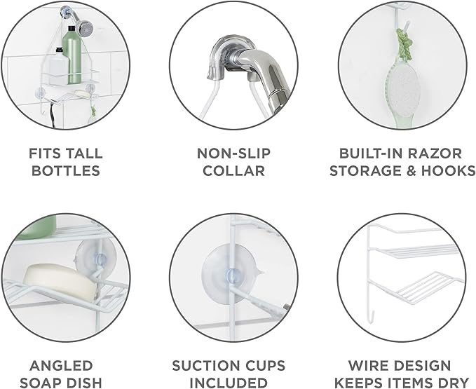 Zenna Home Rust Resistant Hanging Shower Caddy, Over the Shower Head Caddy with 1 Wide Shelf and Built In Soap Dish, Steel Bathroom Hanging Organizer, White