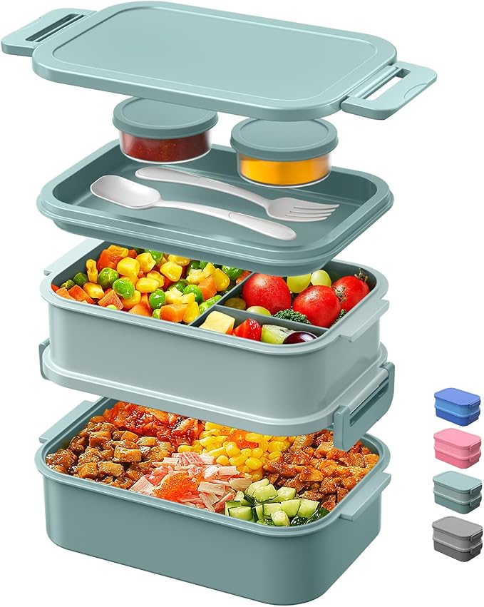 DaCool 2 Pack Adults Lunchbox Bento Box 74 OZ Stackable Lunch Box for Kids Adults Men Women Teens Leakproof Bento Large Lunch Box Container with Fork Spoon Sauce Box for School Work,Grey,Morandi-Green