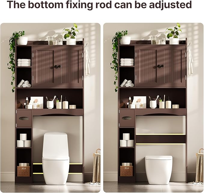 Gizoon Over The Toilet Storage Cabinet, 66''H Over Toilet Storage Cabinet, with Paper Holder, Adjustable Shelves, 2 Doors, Over Toilet Bathroom Organizer, 2 Side Hooks, Space-Saver, Dark Brown