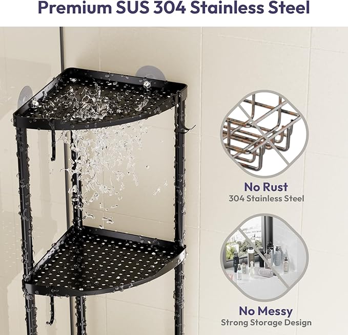 SWTYMIKI Corner Shower Caddy Standing - 3 Tier Stainless Steel Shower Organizer Stand, Large Capacity Floor Shelf with 4 Hooks, Rustproof Bathroom Storage Rack, Black