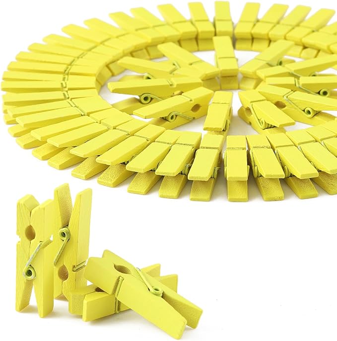 HSTECH 100 Pcs Yellow Mini Natural Wooden Clothespins and 82 Ft Jute Twine, Baby Clothes Pins, 1.38in Craft Photo Clips for Home School Arts Crafts Decor, DIY Decoration's, Arts and Crafts, Weddings