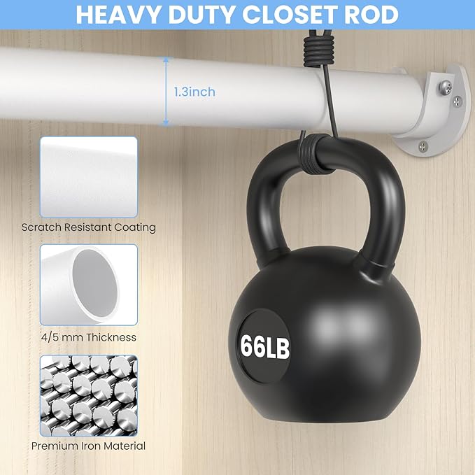 Closet Rods for Hanging Clothes, 17 to 39 Inch Heavy Duty Stepless Adjustable Closet Hanging Rod, 1.3 Inch Diameter Metal Closet Rod for Wardrobes Laundry Bedroom RV, White
