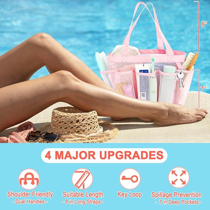 Mesh Shower Caddy Portable for College Dorm Room Essentials, 8-Pocket Large Shower Basket Tote Bag with 2 Handles for Toiletry, Bathroom, Beach, Camp, Gym