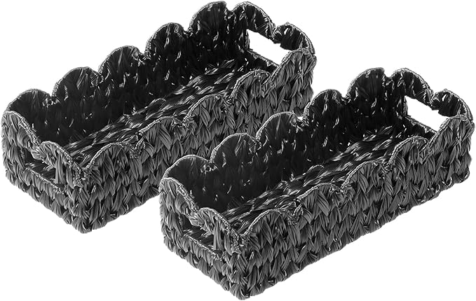Balck Toilet Basket,Set of 2 Scalloped Wicker Basket with Built-in Handles,Long Back of Toilet Baskets for Shelf,Tank Topper,Countertop,Rectangle