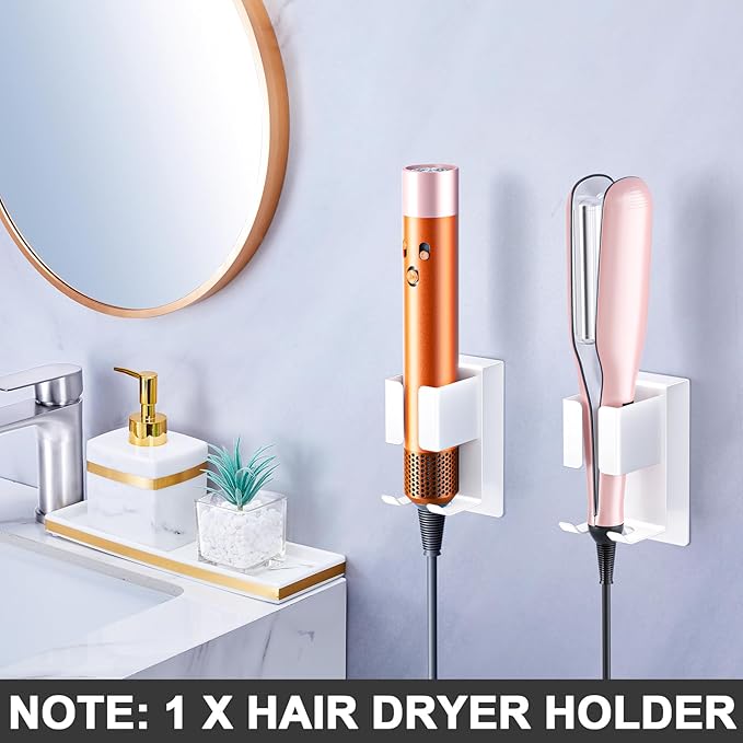 Hair Straightener Holder Wall Mounted Blow Dryer Holder, Blow Dryer and Curling Iron Holder, Hair Dryer and Straightener Holder, Bathroom Hair Tools Organizer and Storage (White, 1Pc)