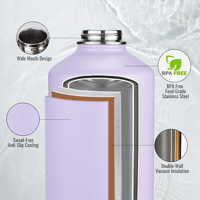 Gallon Water Bottle with 2 Lids (Straw & Spout), 304 Stainless Steel Water Jug with Handle and Wide Mouth, 1 Gallon Vacuum Double Walled Jug for Sports, Outdoors, Purple, 128 oz