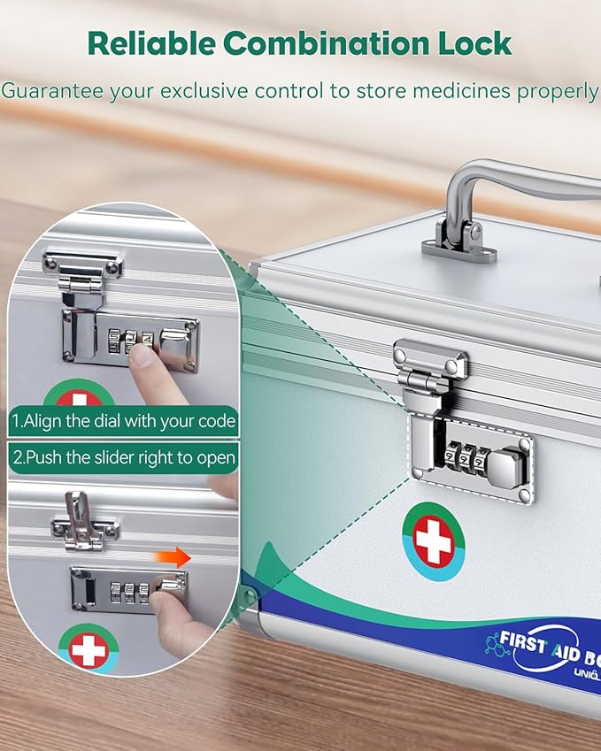 Uniclife Medicine Lock Box First Aid Box with Combination Lock, Handle & Shoulder Strap, Portable Medication Lock Box, 12" x 7" x 7.5" Silver Aluminum Alloy Storage Box