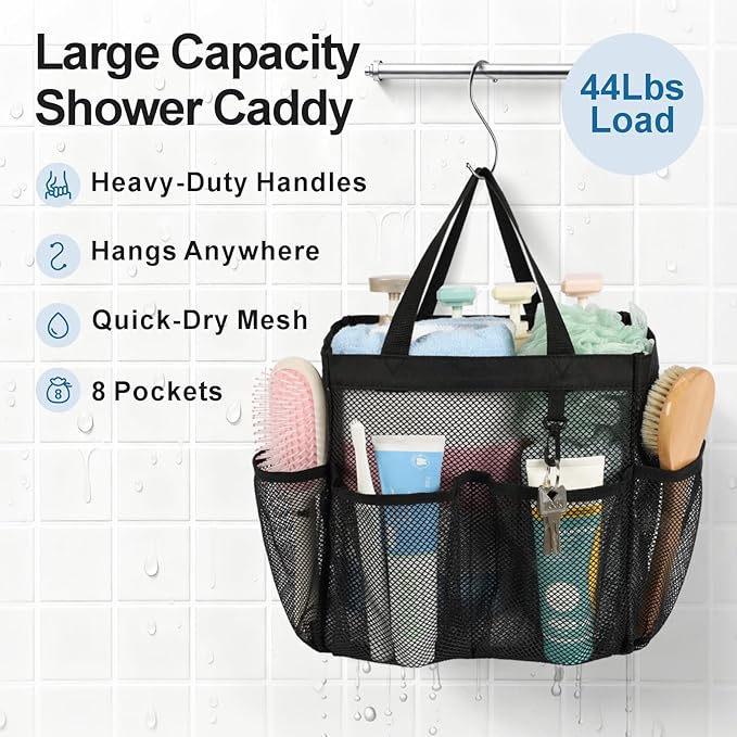 F-color Mesh Shower Caddy Portable, Upgrade Deeper 7 Pockets Shower Bag Basket Tote for College Dorm Room Toiletry Bathroom Essentials Gym Camp Quick Dry 2 handles with S Hook, Black