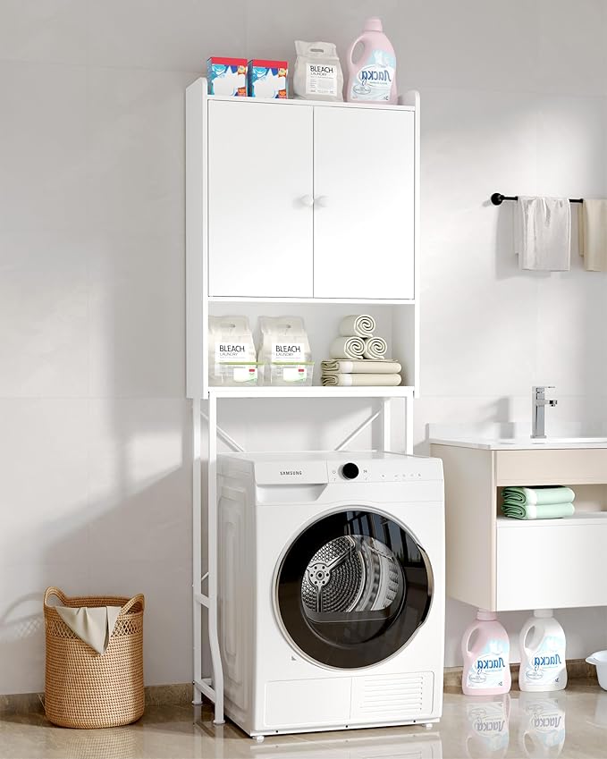 Kitsure Over The Toilet Storage Cabinet - 3 Tier Bathroom Organizers and Storage Solution with Adjustable Shelf & Bottom Bar, Anti-Tip Bathroom Storage Cabinet, White, 3 Tiers (68.1" H)