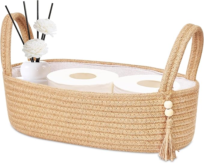 ABenkle Jute Rope Boho Storage Basket, Small Woven Bathroom Organizer, Decorative Toilet Paper Holder for Back of Tank, Hand Towel Caddy, Home Office Desk Decor, Gift Basket-13x6x4 Inches