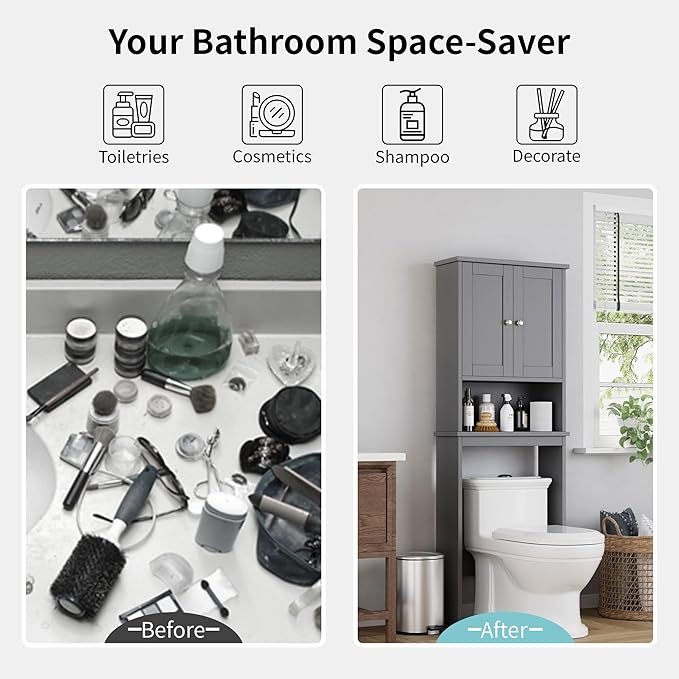 Shintenchi Over The Toilet Storage Cabinet, Bathroom Shelf Organizer with Anti-Tip Device Small Freestanding Space Saver with Adjustable Shelf, Gray