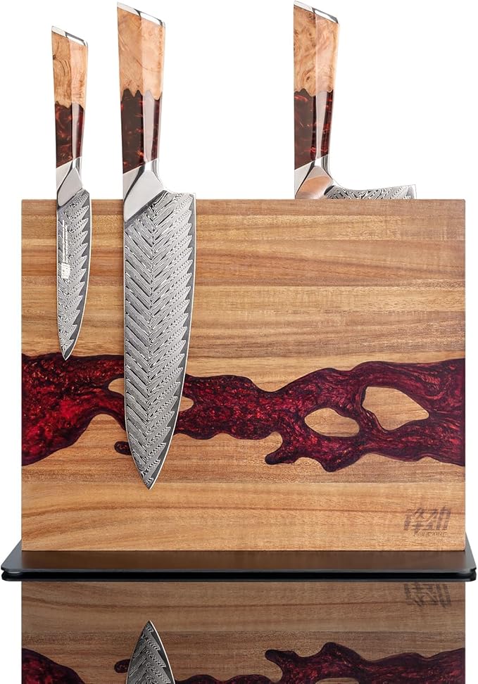 FINDKING Magnetic Knife Block, Double Sided Holder, Powerful Magnet Kitchen Storage, Acacia Wood and Blue Resin (12 x 10 Inches, Without Knives)