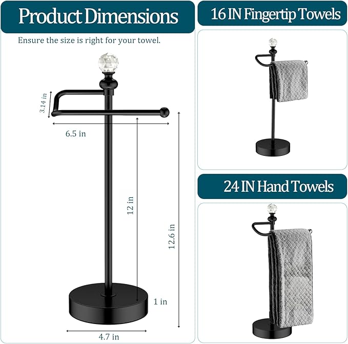 Bath Hand Towel Holder Stand, 2 Pack Stainless Steel Black Towel Rack Hand Holder for Bathroom, Small Countertop Free Standing Hand Towel Rack with Heavy Base (Matte Black, 2 Pack)