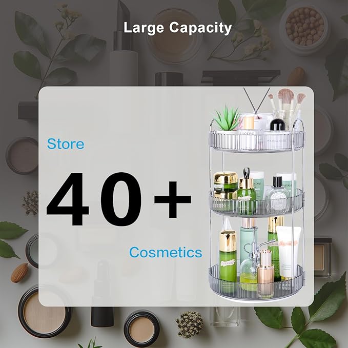 360 Rotating Makeup Organizer, 3 Tier Large Capacity Lazy Susan Bathroom Counter Organizer, Skincare Organizers, Spinning Perfume Organizer & Vanity Organizer Countertop (Classic Grey, 3 Tier)