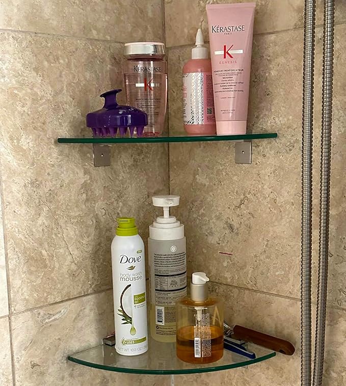 Tempered Glass Corner Shower Shelves for Inside Shower, 2-Pack No Drill Adhesive Bathroom Organizer, Rustproof Aluminum Brackets, Glass Shower Corner Shelf