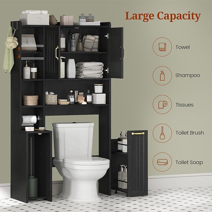 Over The Toilet Storage Cabinet with Pulley, Bathroom Cabinet, Space Saver W/Adjustable Shelf Rack for Bathroom, Restroom, Laundry (Black-Type A)