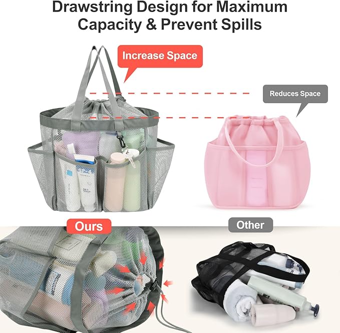 F-color Mesh Shower Caddy Portable with Drawstring - Large 8 Pockets Dorm Room Essentials for Guys Girls with S Hook, Shower Bag Basket Tote for College Camping Gym Travel Toiletry Bathroom, Grey