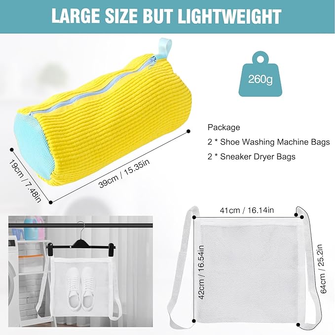 Shoe Washing Machine Bag, Shoe Laundry Bag for Washer and Dryer, Include Dry Net Bag, Reusable and Durable Zipper with Hook Design, Shoe Washing Bag for Sneaker (Yellow, 2 Pack)