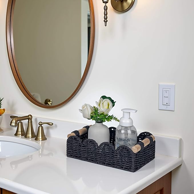CubesLand Bathroom Basket Organizer, Toilet Tank Paper Storage Baskets 2-Pack, Scalloped Decorative Basket for Countertop w/Handle, Wicker Basket for Bathroom Decor, Home Decor, Living Room, Black