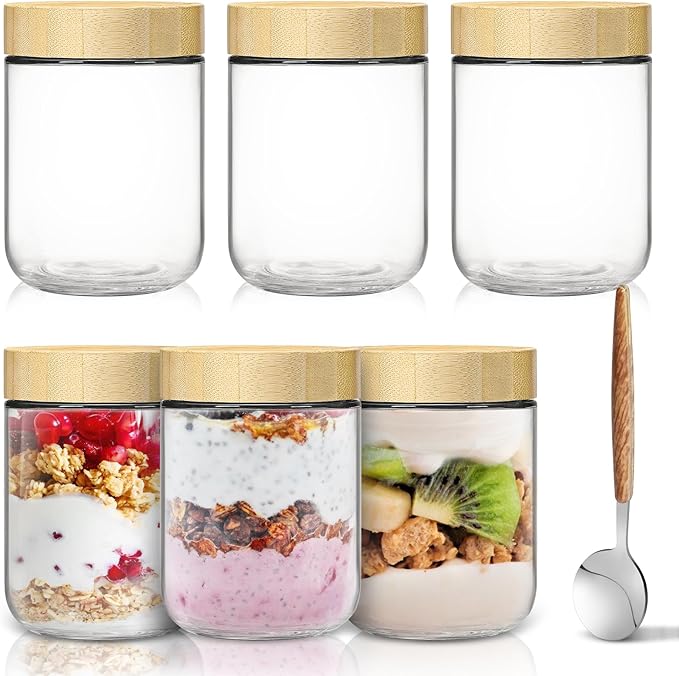 16oz Overnight Oats Jars,Overnight Oats Containers with Bamboo Lids for Meal Prep,Wide mouth Mason Glass Salad Jars with Spoons,Glass Food Storage Container for Yogurt Chia Pudding Spice Sugar(6Pack)