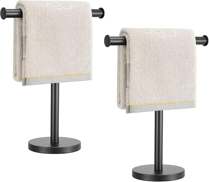 T-Shape Bath Hand Towel Holder Standing, SUS304 Stainless Steel Matte Black T-Shape Towel Bar Rack Stand with Heavy Base, Tower Bar for Bathroom Kitchen & Countertop, 2 Pack