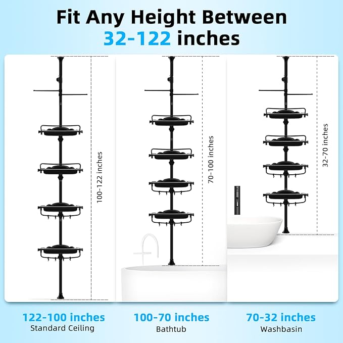 32-122inch Corner Shower Caddy Tension Pole Black, Rustproof Drill-Free Shower Shelves for Bathroom Bathtub Washbasin, Adjustable Shower Organizer with 4 Tier Patent Stable Shelves & Towel Bars