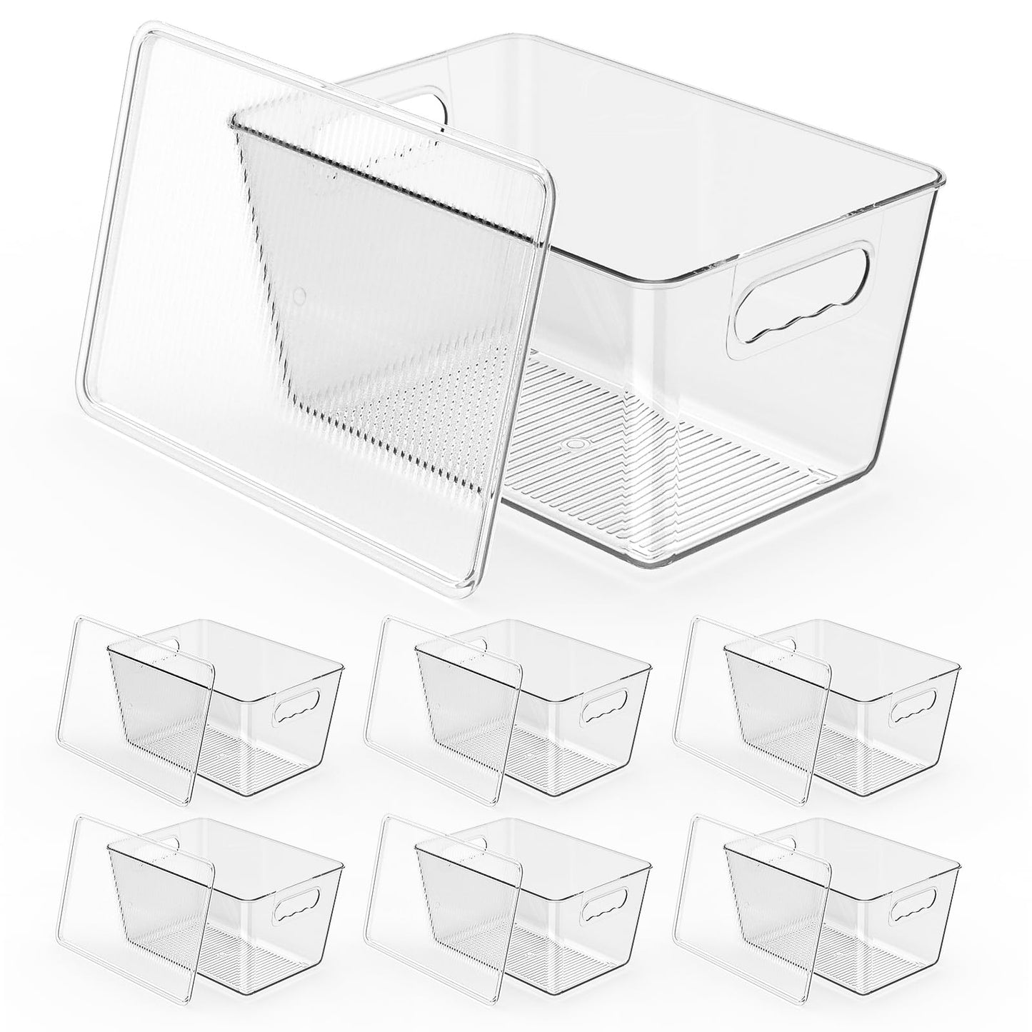 Clear Fridge Organizer with Handles & Lids, 6 Pack Large 11.5×7.5×6 Inch