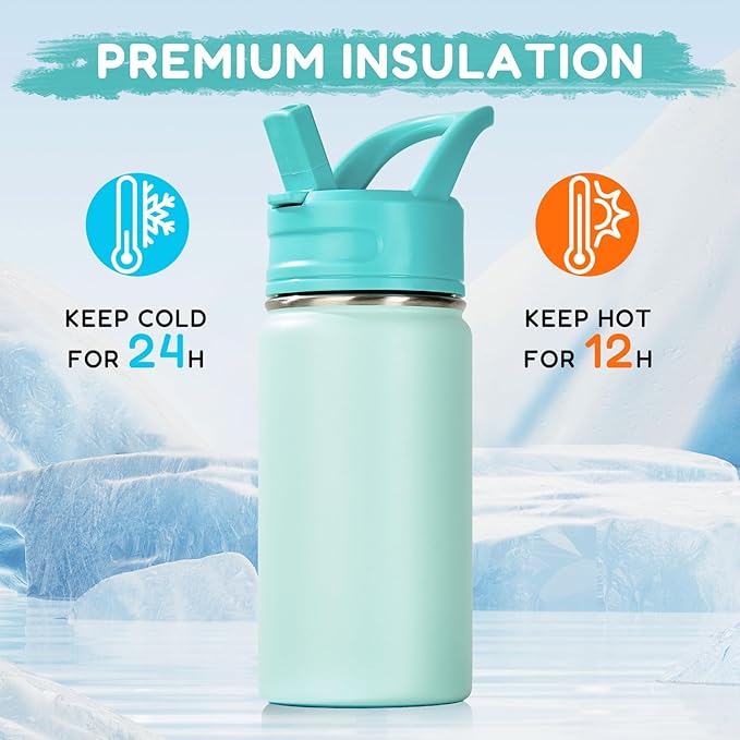 12oz Kids Water Bottle for School, Toddler Bottles with Straws, Stainless Steel Vacuum Insulated Water Bottle for Boys&Girls, Leak-Proof, BPA-Free, Serenity